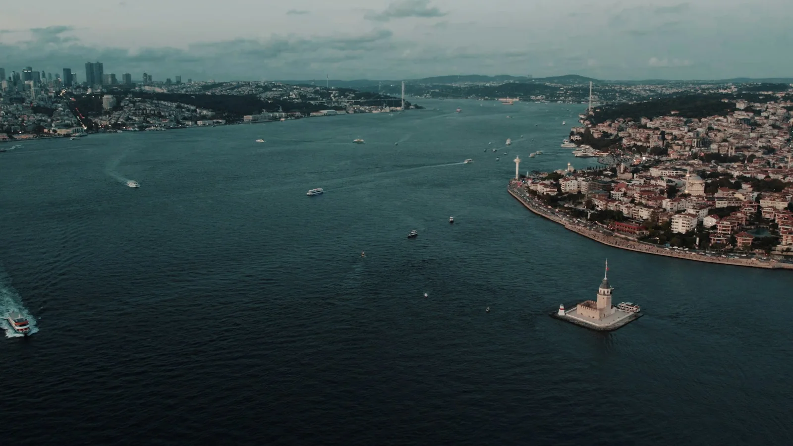 Maiden's Tower and the Istanbul skyline across the Bosphorus